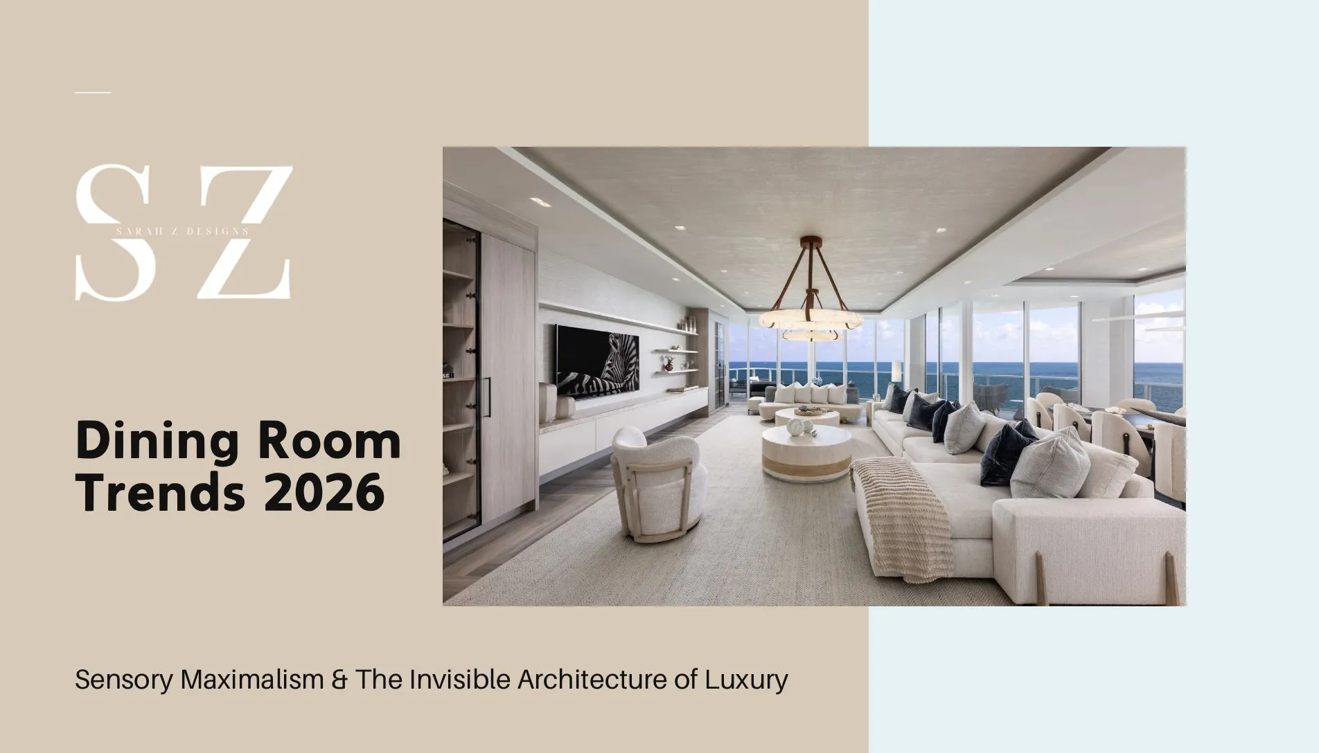 Luxury Miami dining room featuring sensory maximalism, acoustic suede walls, and tunable circadian lighting by Sarah Z Designs.