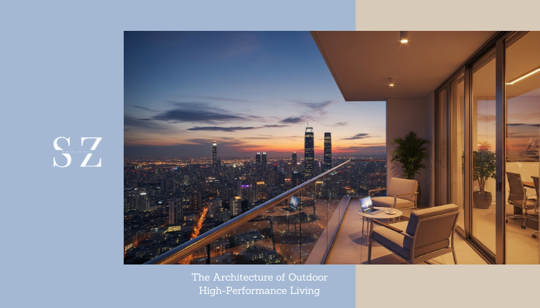 Sky Sanctuaries: Luxury high-performance outdoor living terrace design in Miami by Sarah Z Designs, featuring sunset skyline views and modern furniture.