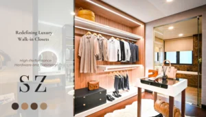 Luxury walk-in closet in Miami designed as a fashion sanctuary with custom cabinetry, warm lighting and boutique-style storage